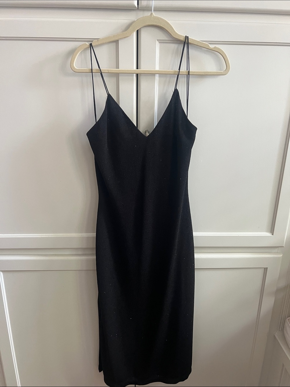 Alice + Olivia Black Sparkle Midi Slip Dress with Double Spaghetti Straps